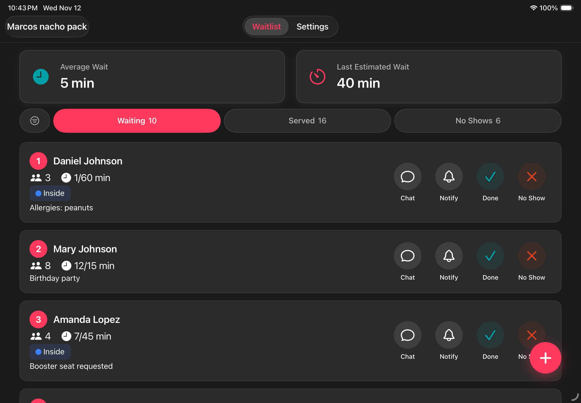 WaitHub iPad Interface
